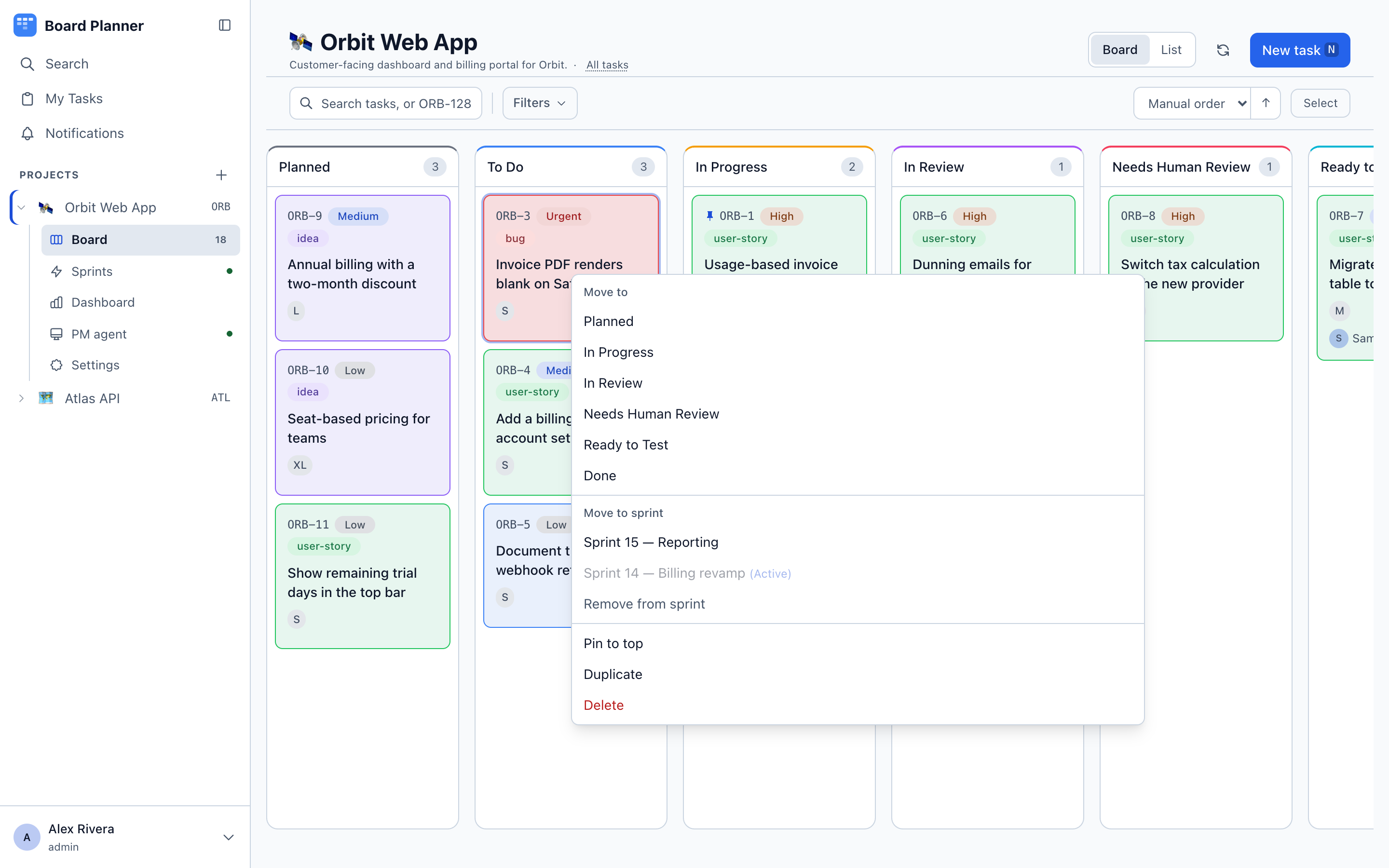 The card context menu