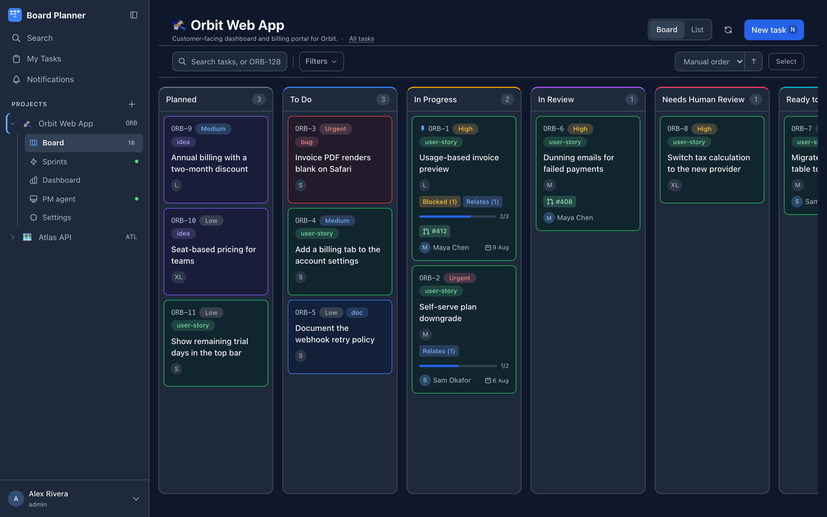 The board in dark mode