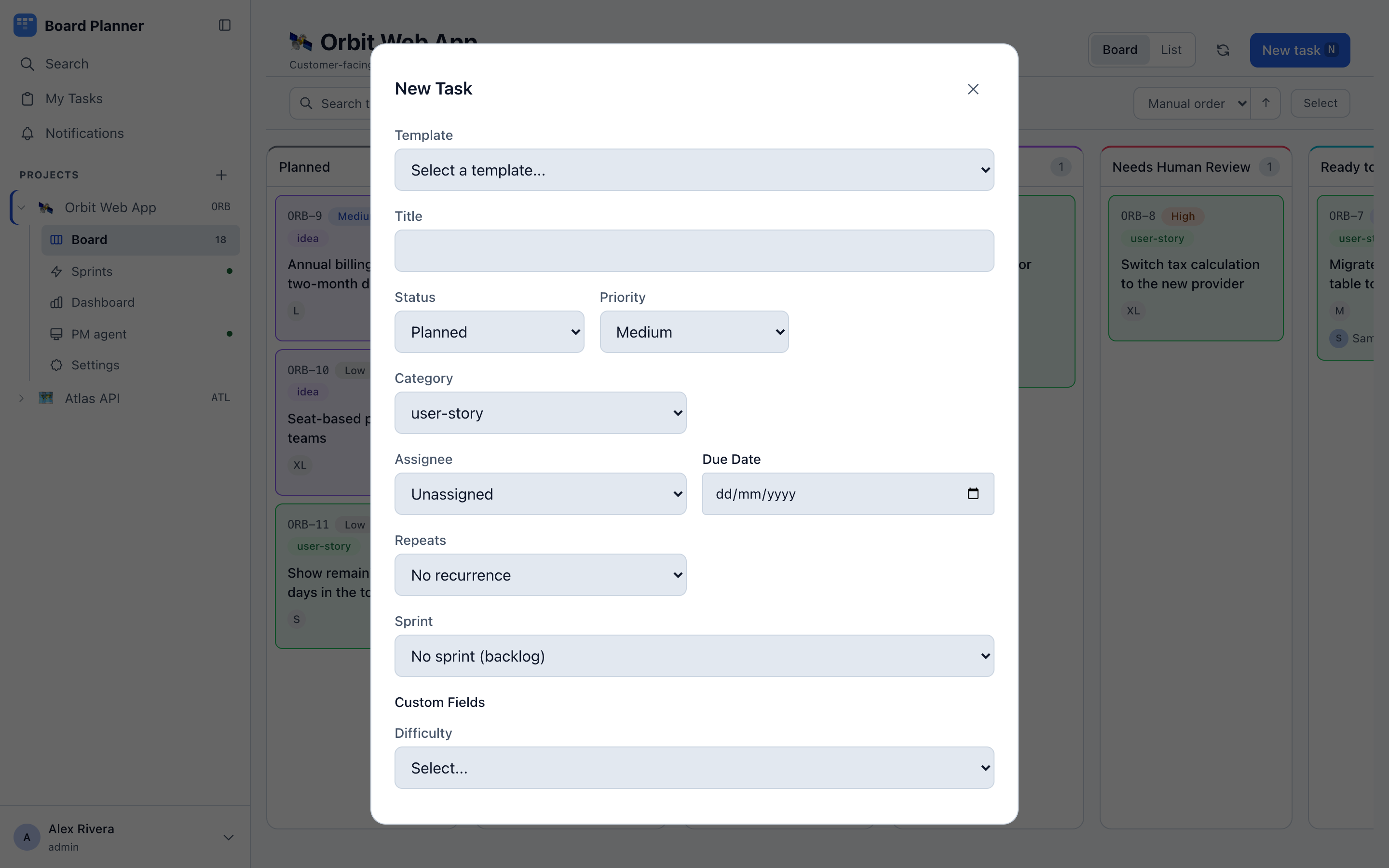 The new task form