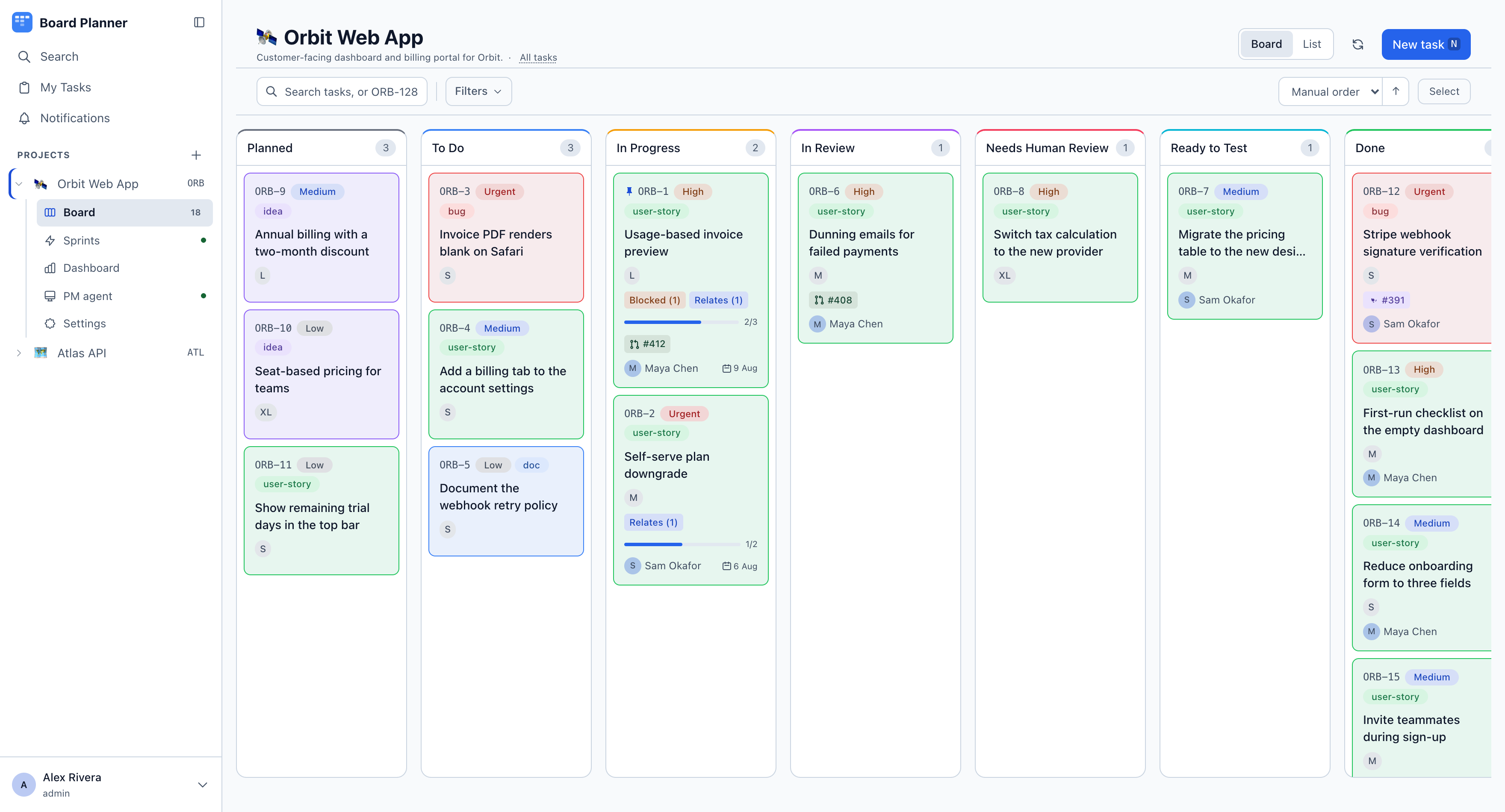 The Kanban board with seven columns
