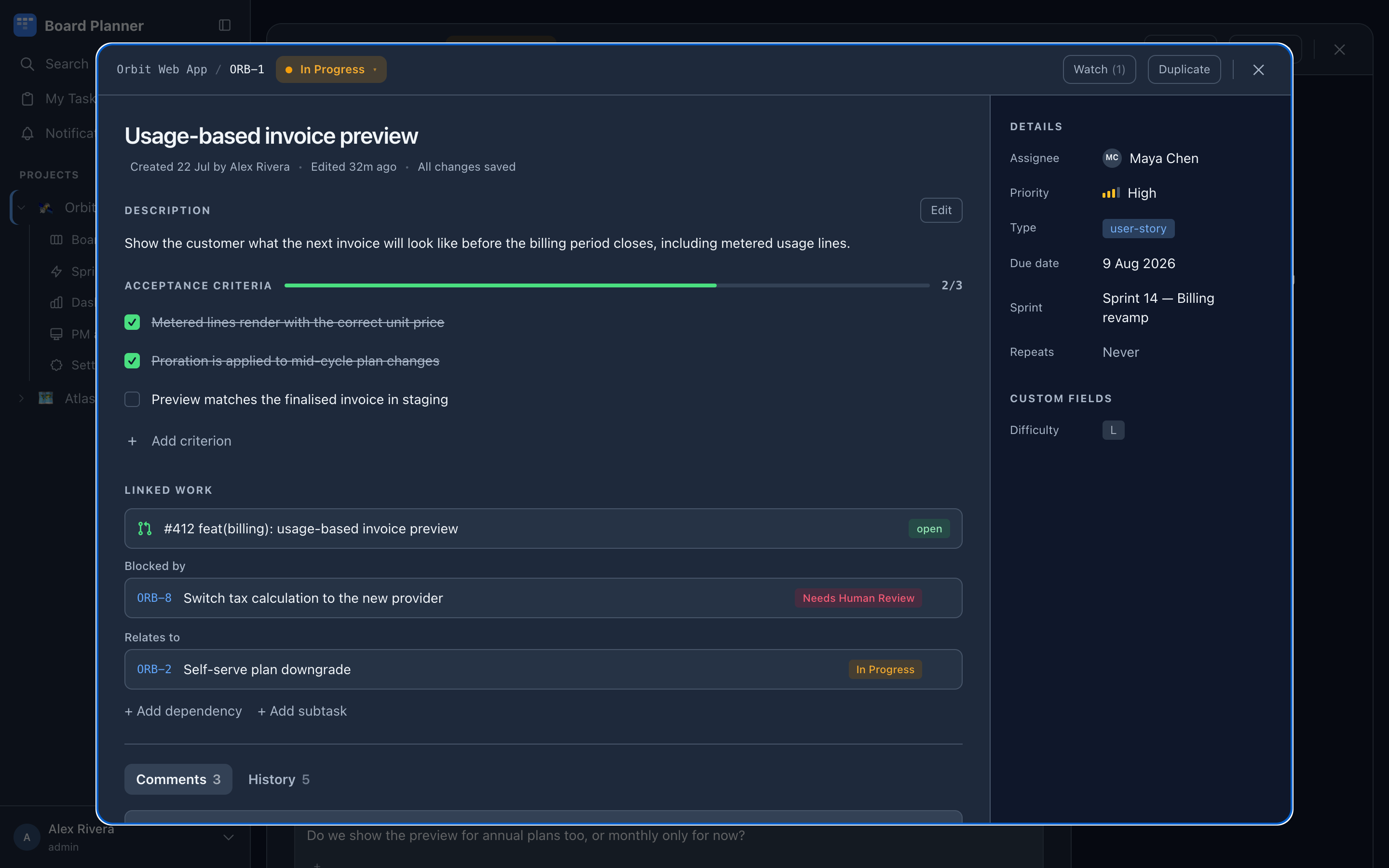 The task detail in dark mode