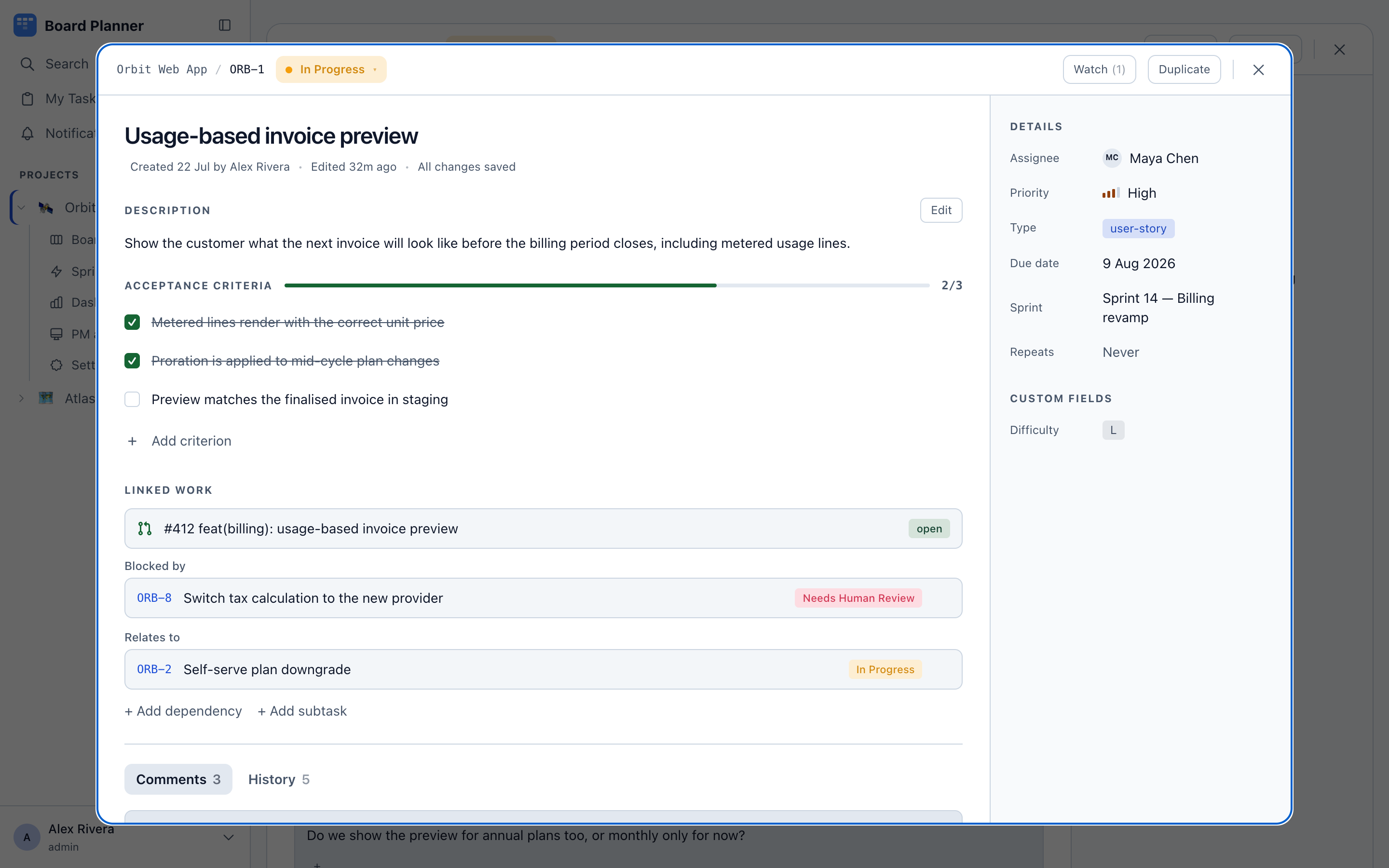 A task with acceptance criteria and linked work