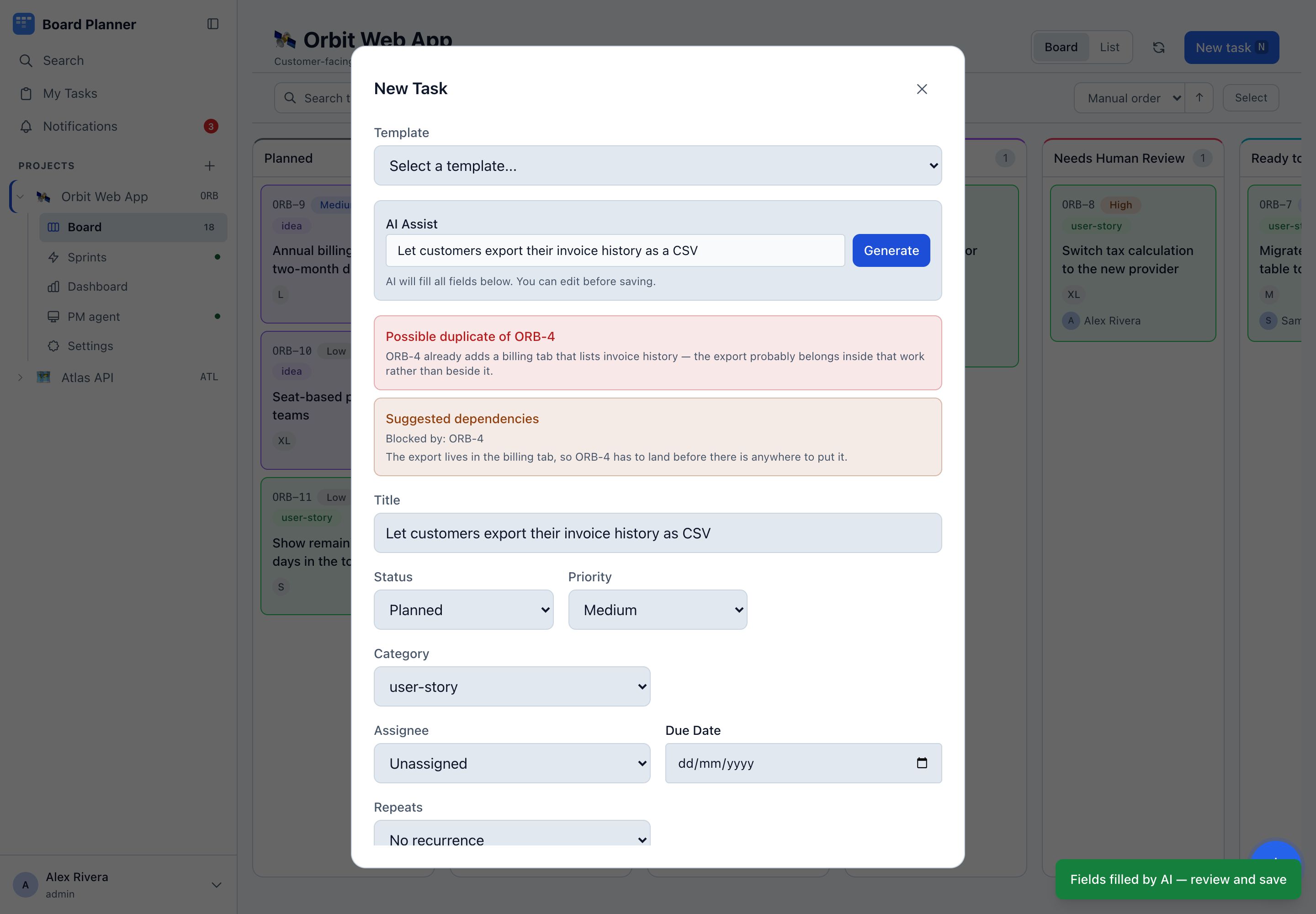 AI Assist, with a duplicate warning and suggested dependencies